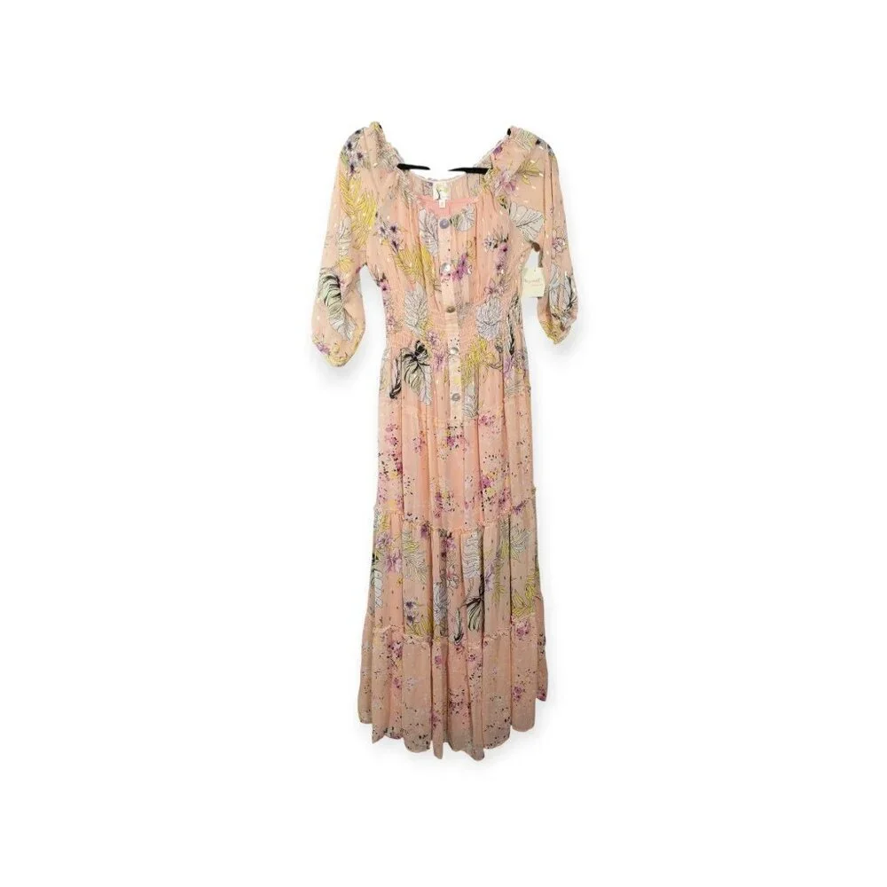 Floral Boho Maxi Dress By Fig & Flower  Smocked Waist Button-Down Puff Sleeves - Picture 5 of 11